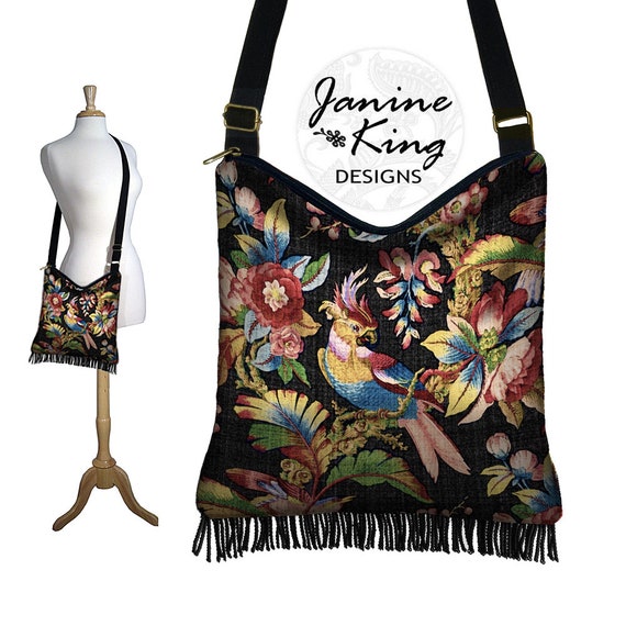 【TREEMINGBIRD】送料関税込 ★Puffy Ribbon Hobo Bag★ 2COLOR Vintage Bird Print Fabric Purse Colorful Boho Bag Black Hobo