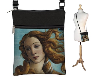 Bohemian Sling Bag Shoulder Purse Crossbody Bag Small Travel Purse Zipper Goddess Art Bag Venus Renaissance Faire Purse Blue Gold Black RTS