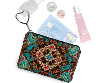 Small Zipper Pouch Coin Purse Keychain Key Fob Boho Business Card Holder  Bohemian Mandala Kaleidoscope  turquoise blue orange red RTS