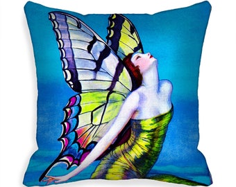 Indoor Outdoor  Pillow Cover 18x18 Throw Pillow 18 inch Cushion Cover blue green purple Art Deco Flapper Butterfly Fairy Goddess MTO