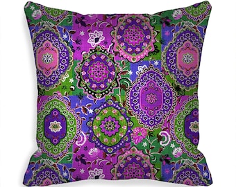 Indoor Outdoor Pillow Cover  Bohemian Fabric Pillow Cover with  Zipper Closure  purple green 14x14  16x16  18x18  20x20, 22x22, 24x24,  MTO