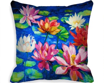 Indoor Outdoor Water Lily Pillow Cover  Waterlily Fabric Pillow Cover  Zipper  water lily painting  waterlily print 18x18 20x20 & more MTO