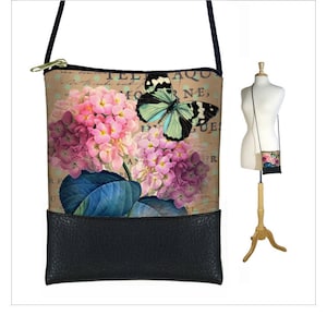 Piccola borsa a tracolla Mini borsa a tracolla Cottage Chic Floral Shoulder Bag Hydrangea Butterfly Paris Post Card, Vittoriano RTS