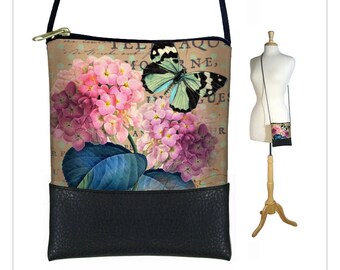 Small Cross Body Purse  Mini Crossbody Bag  Cottage Chic Floral Shoulder Bag  Hydrangea  Butterfly  Paris Post Card, Victorian RTS