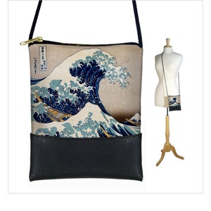 Small Cross Body Purse  The Wave Hokusai   Mini Crossbody Bag fits iPhone  Vegan Black Leather Bag Japanese Asian Art blue RTS