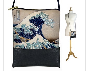 Small Cross Body Purse, The Wave Hokusai , Mini Crossbody Bag fits iPhone  8- 12  Vegan Black Leather Bag Japanese Asian Art blue RTS
