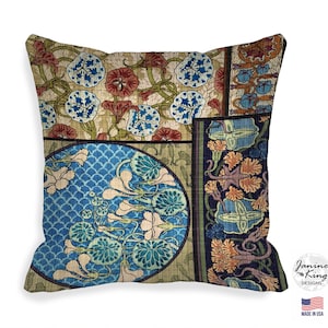 16 INCH Nasturtium Flower Art Nouveau Indoor Outdoor Floral Pillow Cover  Zipper  Bohemian Gift  blue burgundy red 16x16  16 x 16 QCK