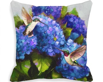 Hummingbird Hydrangea Indoor Outdoor Pillow Cover with Zipper   Hummingbird Lover Gifts  purple blue orange red  16x16  18x18  20x20 MTO