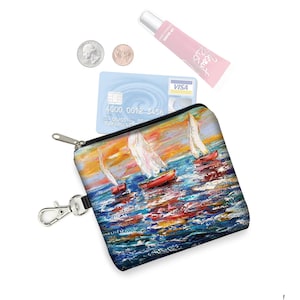 KT Segelboot Stoff Geldbörse Schlüsselanhänger Kleine Reißverschlusstasche Nautische Geschenke Schlüsselanhänger Kartenhalter Segelboot Malerei Impressionistische Kunst RTS