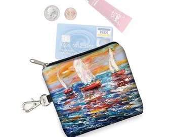 KT Sailboat Fabric Coin Purse Keychain Small Zipper Pouch Nautical Gifts Key Fob Card Holder Sail Boat Painting Impressionist Art RTS