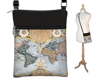 Small Crossbody Hipster Bag  Old World Map Vintage Map   Cross Body Shoulder Bag   eReader Case Cover  steampunk  blue black RTS