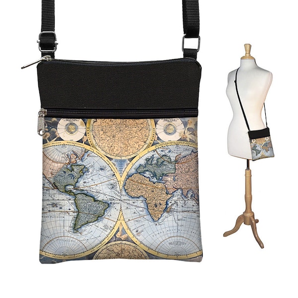 Small Crossbody Hipster Bag  Old World Map Vintage Map   Cross Body Shoulder Bag   eReader Case Cover  steampunk  blue black RTS