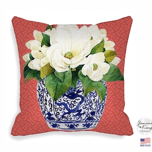 20 INCH Indoor Outdoor Pillow Cover Asian Chinoiserie Blue Ginger Jar Magnolia Flower Pillow Covers  Zipper Closure  20 X 20 20X20 QCK