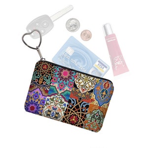 Colorful Boho Small Zipper Pouch Coin Purse Keychain Key Fob Business Card Case Purse Organizer Asian Bohemian Jewel Tones RTS image 1