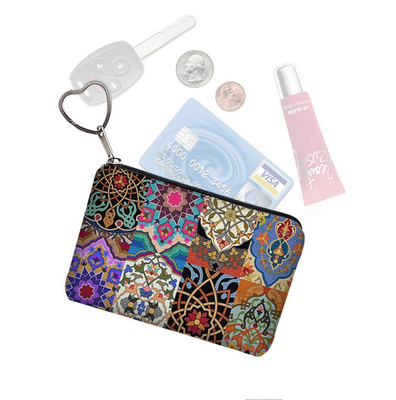 Colorful Boho Small Zipper Pouch Coin Purse Keychain Key Fob Business Card Case Purse Organizer Asian Bohemian Jewel Tones RTS image 1