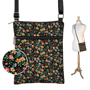 Crossbody Bag  Colorful Country Calico Floral Fabric Travel Bag  iPad Mini Case  eReader Bag  Black Cross Body Bag  Shoulder Bag Purse QCK