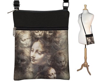 Cross Body Purse  Fabric Handbag  Black Crossbody Bag   Da Vinci Print Art Bag  Small Shoulder Bag  zipper pocket, neutral color RTS