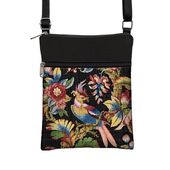 Vintage Bird Print Art Bag Black Crossbody Bag Bohemian Bag