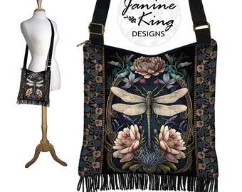 Sac hobo art nouveau libellule en tissu sac hippie sac à main à franges sac à bandoulière bohème sac gitane poches zippées bleu violet mauve rose QCK