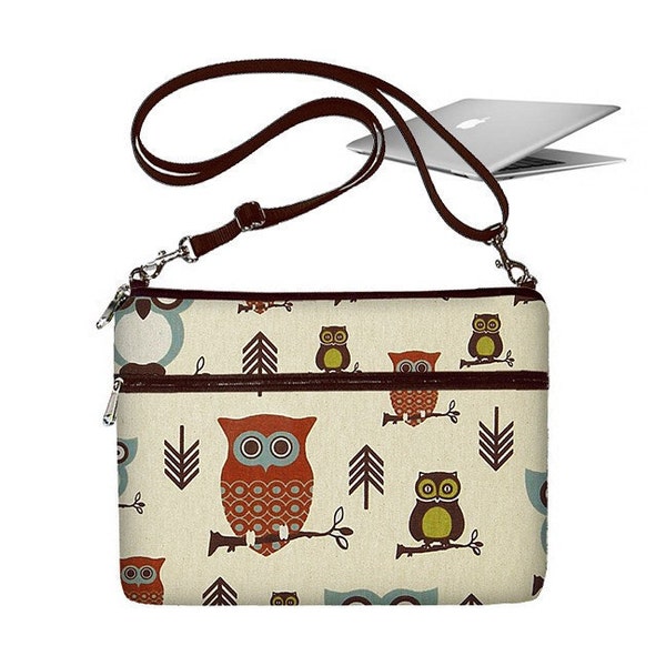 CLEARANCE 11 inch MacBook Air Sleeve Bag Case Crossbody Shoulder Bag Zipper Padded Black Cute Owl (RTS)