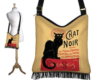 Bohemian Gypsy Bag Le Chat Noir Cross Body Hobo Bag Boho Fringe Purse Hippie Bag Crossbody Bag Fabric Handbag Black Cat Gifts RTS