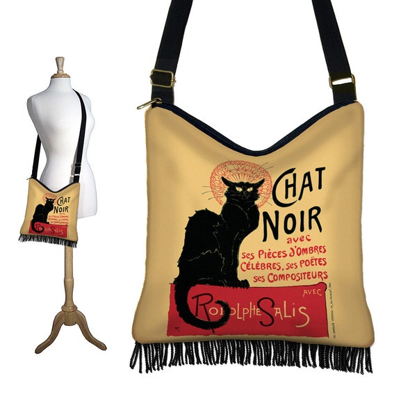 Bohemian Gypsy Bag Le Chat Noir Cross Body Hobo Bag Boho Fringe Purse Hippie Bag Crossbody Bag Fabric Handbag Black Cat Gifts RTS