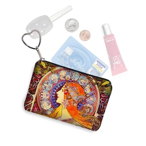 Small Zipper Pouch Coin Purse Keychain Key Fob Business Card Holder Purse Organizer Mucha Zodiac  Art Nouveau Woman blue orange fabric QCK