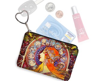 Small Zipper Pouch Coin Purse Keychain Key Fob Business Card Holder Purse Organizer Mucha Zodiac  Art Nouveau Woman blue orange fabric QCK