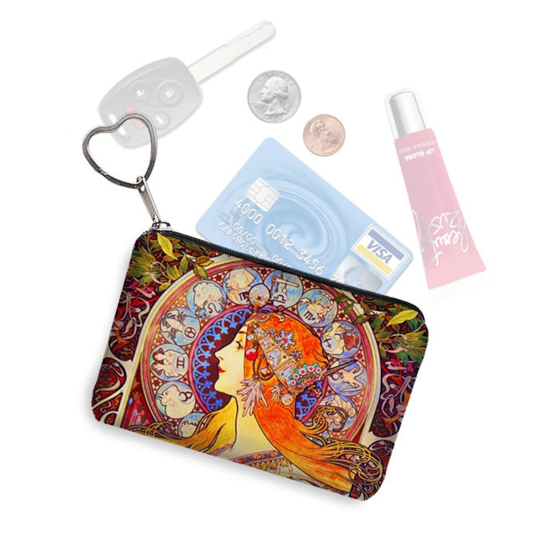 Small Zipper Pouch Coin Purse Keychain Key Fob Business Card Holder Purse Organizer Mucha Zodiac Art Nouveau Woman blue orange fabric MTO