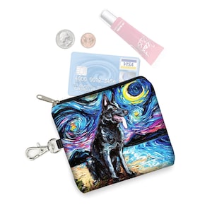 SG Preto Pastor Alemão Arte Pequena Bolsa Com Zíper Cão Moeda Bolsa Chaveiro Pastor Alemão Presentes Chaveiro Noite Estrelada Tecido Porta-Cartões RTS