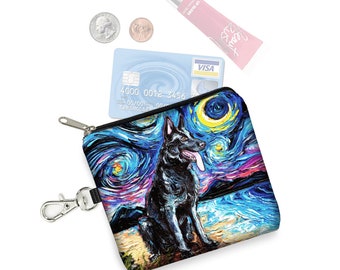 SG Black German Shepherd Art Small Zipper Pouch  Dog Coin Purse Keychain  German Shepherd Gifts Key Fob Starry Night Fabric Card Holder QCK