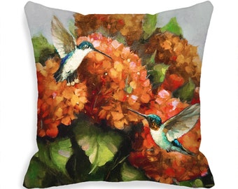 Hummingbird Hydrangea Indoor Outdoor Pillow Cover with Zipper   Hummingbird Lover Gifts  purple blue orange red  16x16  18x18  20x20 MTO