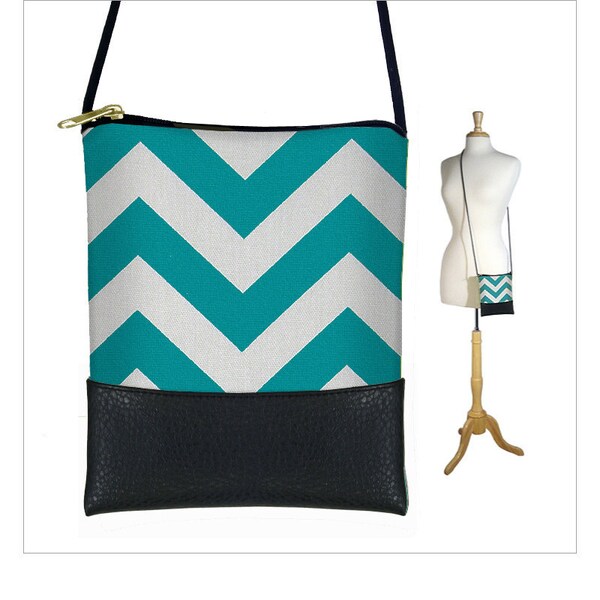 CLEARANCE Teal Blue Chevron sling bag, mini crossbody bag with long strap fits iPhone 6 plus, small shoulder bag purse MTO