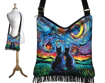 SG Van Gogh Cats Fringe Purse  Starry Night Hippie Bag  Boho Hobo Bag  Crossbody Purse  Cat Fabric Purse  Black Cat Lover Gift QCK