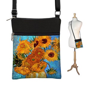 Crossbody Bag  Van Gogh Sunflowers  Bohemian Bag  Cross Body Purse  Boho Fabric Handbags  Small Shoulder Bag with zippers blue orange QCK