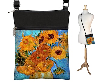 Crossbody Bag  Van Gogh Sunflowers  Bohemian Bag  Cross Body Purse  Boho Fabric Handbags  Small Shoulder Bag with zippers blue orange QCK