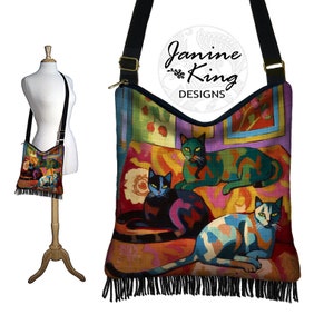 Katzen Geschenke Hobo Bag Boho Fransen Geldbörse Crossbody Bag Henri Matisse Katzen Stofftasche Cross body Purse Purse Fabric Handtasche blau schwarz lila RTS