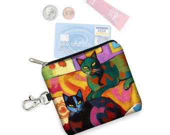 Cat Print Small Zipper Pouch Coin Purse Keychain Henri Matisse Cat Fabric Key Fob Credit Card Holder Cat Lover Cat Gifts for Women RTS