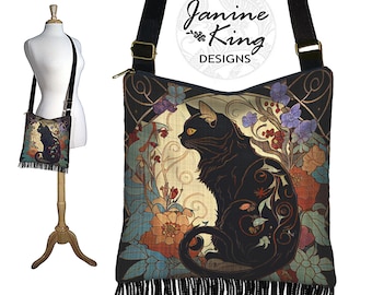 Boho Fransen Geldbörse Crossbody Tasche schwarze Katze Jugendstil Druck Floral Stofftasche Katze Geschenke Hobo Tasche Cross body Bag Stoff Handtasche RTS