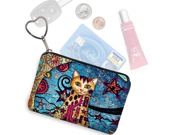 Moon Cat Zipper Coin Purse  Unique Cat Gifts  Cute Cat Fabric Keychain  Boho Bag  Business Card Case  Small Zipper Pouch Purse organizer RTS