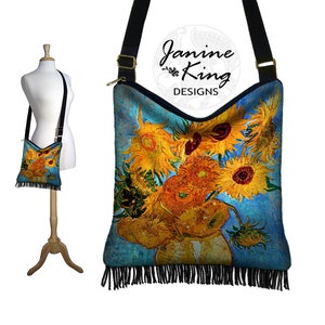 Crossbody Hobo Bag in Van Gogh Vase with 12 Sunflowers  Boho Bag Hippie Fringe Purse  Fabric Handbag  zipper  pockets  blue orange black RTS