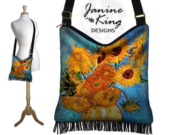 Crossbody Hobo Bag in Van Gogh Vase with 12 Sunflowers  Boho Bag Hippie Fringe Purse  Fabric Handbag  zipper  pockets  blue orange black RTS