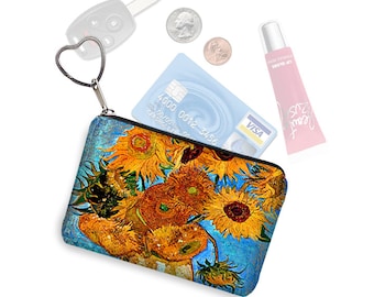 Small Zipper Pouch Coin Purse Keychain Key Fob Business Card Holder Purse Organizer Van Gogh Sunflowers in a Vase  blue orange fabric RTS