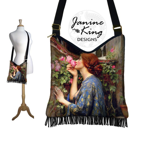 Hippie Tasche Hobo Geldbörse Crossbody Slouch Gyspy Boho Fransentasche Waterhouse Soul of the Rose Jugendstil Frau blau rosa MTO