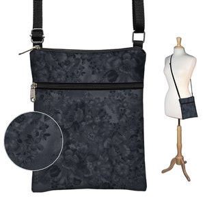 Subtle Floral Crossbody Bag  fits iPad Mini Black Cross Body Purse Floral Fabric Handbag Travel Bag Small Shoulder Bag zipper QCK