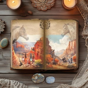 May include: An open book with a Western-themed illustration. The artwork depicts horses, Native American figures, and riders in a desert landscape. The book is surrounded by candles, stones, and decorative elements on a wooden surface.