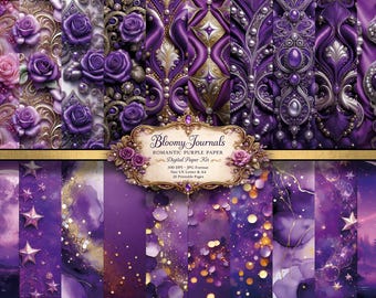 Purple and Gold Floral Paper Kit, Romantic Imaginative Scrapbook Pages, Luxurious Vintage Background Papers for Junk Journals & Scrapbooking