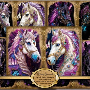 Purple Horse Junk Journal Pages – Dark Fantasy Printable Papers with Horses, Fairy Tale Charm and Magical Elements for Scrapbooking & Crafts