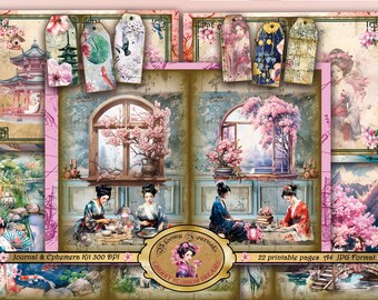 Kit per junk journal e epemera "Sogni di fiori di ciliegio", carte stampabili Sakura, etichette e biglietti per journaling, download digitale.