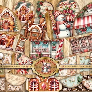 Könnte beinhalten: Eine Collage von weihnachtlichen Illustrationen mit Lebkuchenhäusern, Lebkuchenmännchen, einem Schneemann und Süßwarenläden. Der Text enthält "Christmas Pockets" und "Pocket & Ephemera Kit 300 DPI".